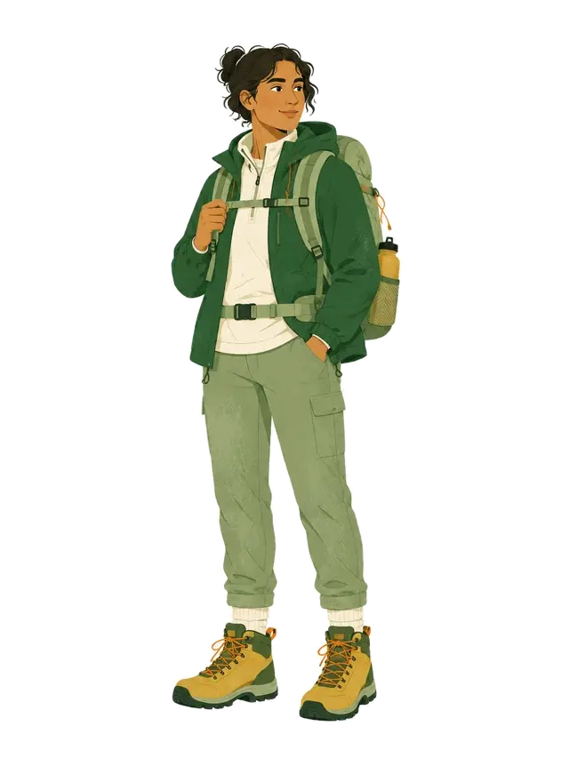 Illustrated hiker dressed for the recommended layers